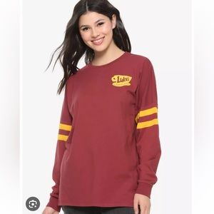 Gilmore Girls BoxLunchw burgundy “Luke’s” diner varsity shirt. Stars Hallow. LG